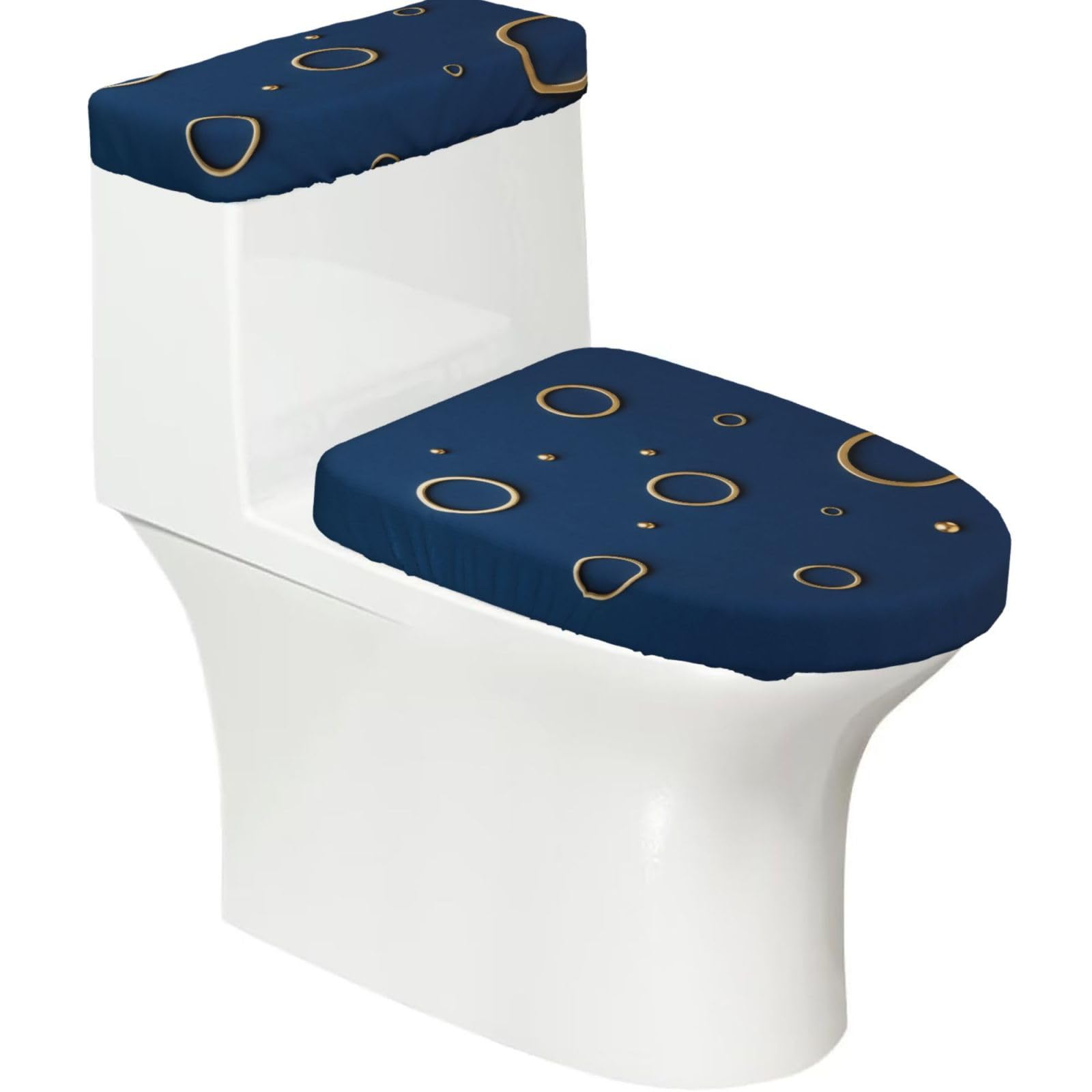 Cntdbu Black Gold Circle Print Elastic Toilet Cover Set Of 2-Stretchy Lid And Tank Covers For Bathroom, Soft Washable U Shape Toilet Decor
