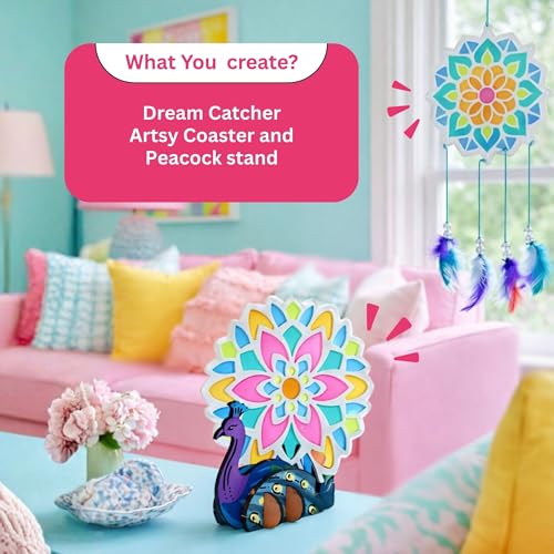Image of Kores Mandala Art Kit for Kids (6-18 Years) | Glass Paint DIY Art & Craft Kit | Make Coasters & Dreamcatchers | 50+ Elements | Creative & Mindful Activity