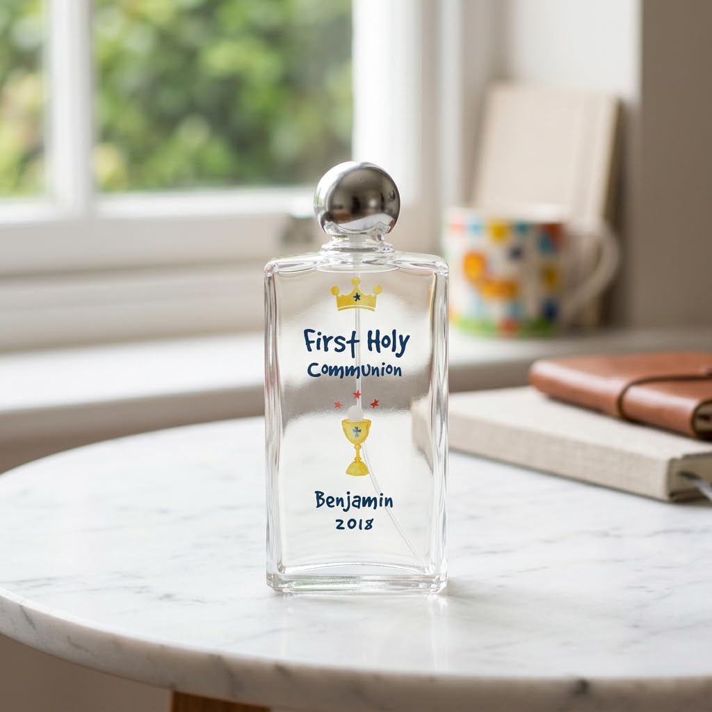 Personalized Glass First Communion Holy Water Bottle - Customized Engraved Catholic Communion Gift for Boys - Holy Water Religious Dedication Christening Keepsake
