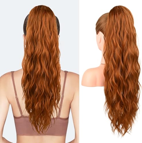 Ponytail Extension, 26 Inch Drawstring Ponytail Hair Extensions for Women， Long Curly Wavy Pony Tail Natural Wavy Synthetic Hairpiece for Women Daily Use party (26 Inch Copper Red)