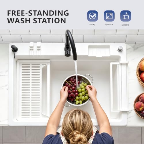 Image of Vingli Freestanding Utility Sink with Faucet, 36 inch Heightened Basin for Laundry, Garage, Outdoor Garden, Pet Wash, Heavy Duty Plastic Laundry Tub with Storage Shelf (White, 32 inchLx24 inchWx36 inchH)
