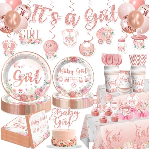 Xynic 213Pcs Its a girl Baby Shower Decorations Tableware Set Severs 25, Floral Girl Baby Shower Decorations Include Banner, Balloons, Tablecloth, Plates, Cups, Table Decorations