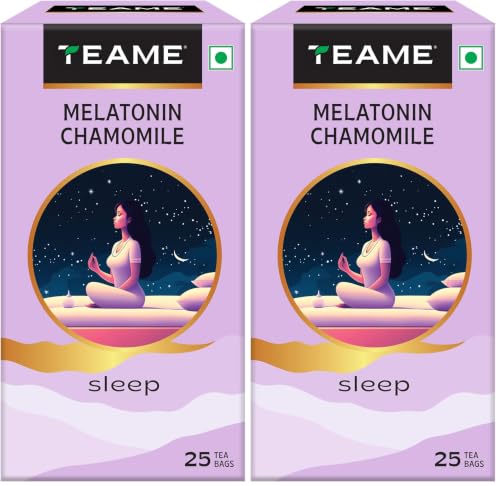 Image of TE-A-ME Melatonin Chamomile Tea for Sleep, 25 Tea Bags | Helps in Night Time Sleep | Melatonin, Chamomile Flowers, Passion Herb, Lavender Flower | Melatonin 1 mg per Teabag (Pack of 2)