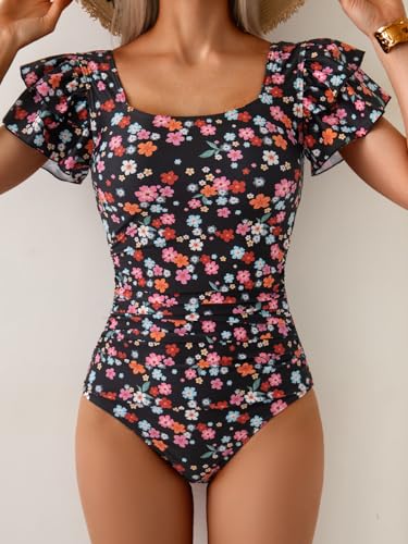 Image of Eomenie Women's Tummy Control One Piece Swimsuit Ruffle Square Neck Bathing Suit Ruched Cutout Back Slimming Swimwear
