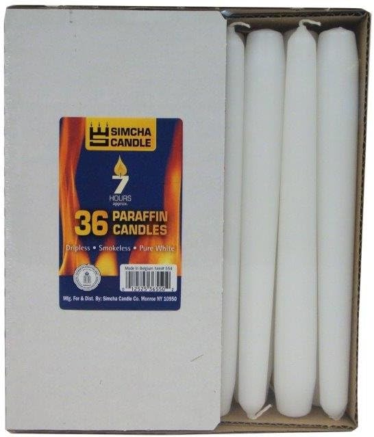 Simcha Pure White Taper Candles - 36 Pack (8 Inch Tall) Burns 7 Hours