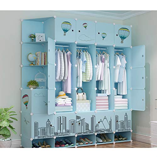 Resina Armario, Portátil Modular Almacenamiento Estantes del Organizador Estantería Estante Zapato Estante Blue Armoire Closet para El Dormitorio -t L179×w47×h197cm