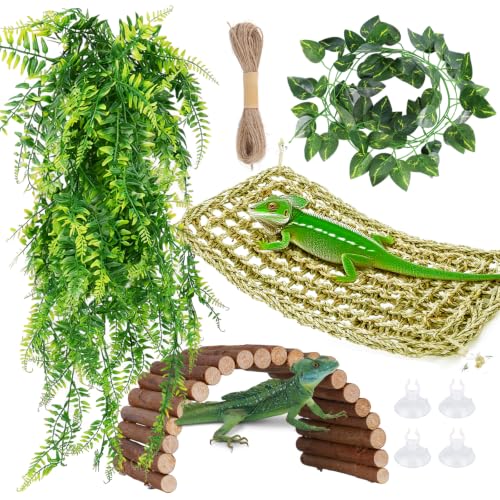 Bearded Dragon Tank Accessories Hammock Reptile Hide decor Terrarium Hanging Plant Vines Artificial Leaves Reptile Hide Leopard Gecko Tank Accessories for Bearded Dragon Lizard Snake Chameleon