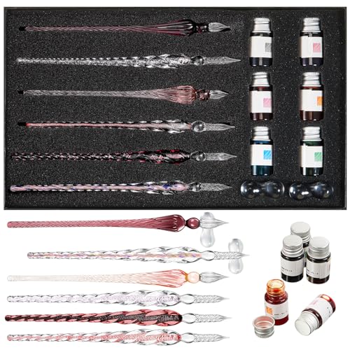 Zonon Glass Dipped Pen Ink Set 14 Pcs Crystal Signature Calligraphy Include 6 Pcs Glass Dip Pen 6 Colorful India Ink and 2 Holder for Art Writing Gift(Purple Pink Color System)