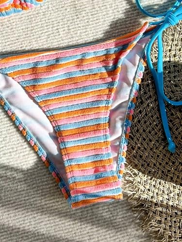 Women's Striped Knot Bathing Suit High Waisted Halter Triangle Swimsuit Bikini Set4