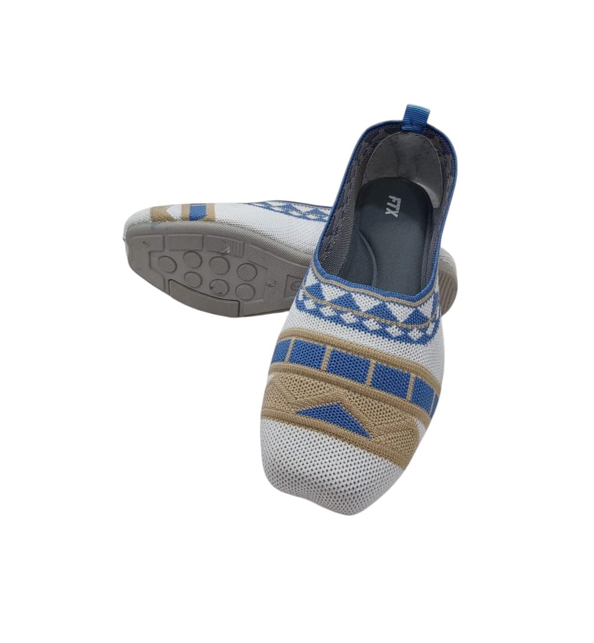 Knitted Slip-On Shoes, Geometric Pattern,Royle Sky White and Blue with Tan Accents, Casual Comfort-image-38