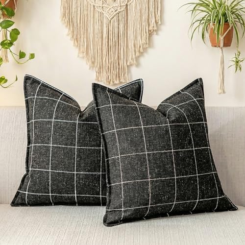 Black and White Plaid 22x22 Pillow Cover, Neutral Throw Pillow
