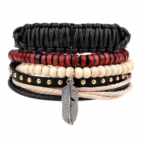 Image of Young & Forever Multi-Layer Leather Bracelet for Men | Adjustable Handmade Wrap Bracelet with Beads, Anchor, Evil Eye, Feather & Boho Charms | Vintage Punk Casual Wristband Gift for Men & Boys