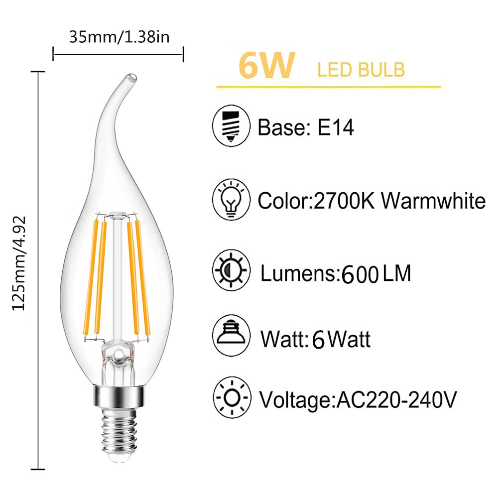 Ruihua E14 6W LED Filament Glühbirne Warmweiß 2700K (Entspricht 60W Halogenbirne) Nicht Dimmbar Kleine Vintage Energiesparlampe 600LM Edison Schraube C35 Kerzenbirnen,Packung mit 20