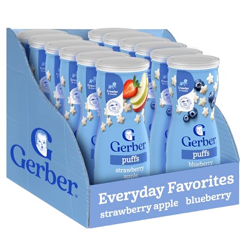 Gerber Baby Puffs Strawberry Apple and Blueberry Puffed Grain Snack Stage 3 Baby Snacks Variety Pack 12-Pack