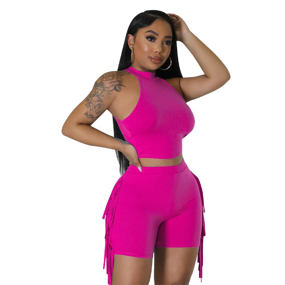 Sleeveless Round Neck Fringe Solid Color Casual Two-Piece Set Color Rosy Size Medium
