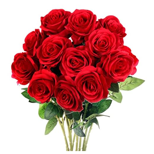 Mocoosy 12 Flores Artificiales de Rosas Rojas de Seda con Tallo Largo, Flores Artificiales Ramo de Rosas Falsas para Bodas Despedidas de Soltera hogar jardín centros de Mesa decoración