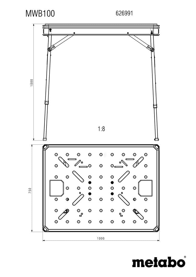 metabo MWB 100, Table Multifonctions et Établi de Chantier Pliant | Plateau MDF perforé 20 mm, réglable en hauteur, charge 120 kg, avec 2 serre-joints, 4 crochets et 2 raccords d'angle
