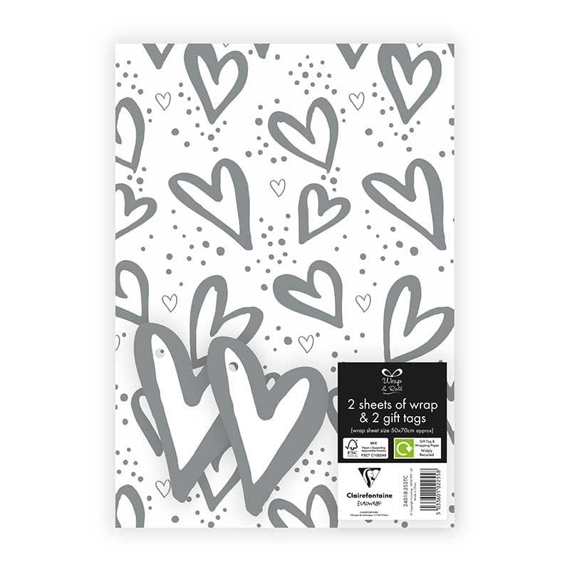 Eurowrap White and Silver Heart Gift Wrap Paper Weddings Love Valentines Day Birthday Occasions 2 Sheets & 2 Gift Tags 50cm x 70cm