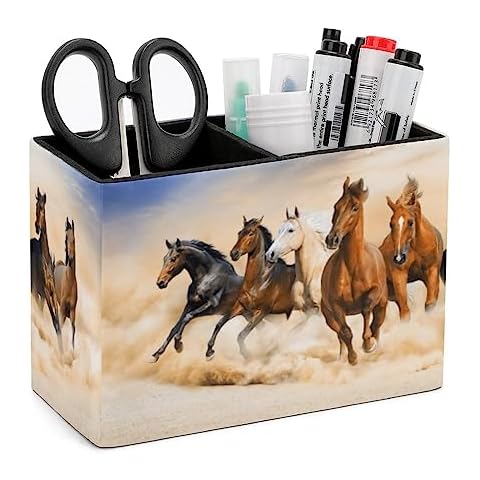 Niapessel Pencil Holder for Desk, Horses Force Running Pen Holder Storage Desktop Pen Organizer Desk Pencil Organizer Makeup Brush Holder for Office School College Leather Cover