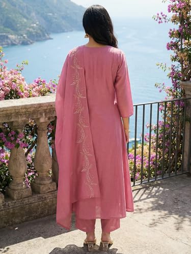 Image of INDO ERA Women's Floral Embroidered A-Line Silk Blend Kurta Pant with Dupatta Set