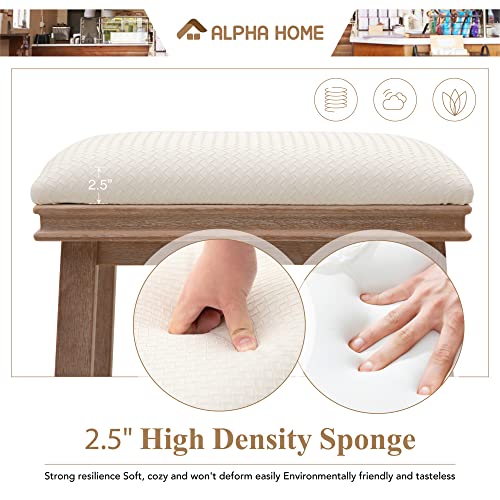 Alpha Home 24" Bar Stools Set Of 2, Solid Wood Kitchen Stools With Beige Pu Leather Cushion Counter Height Bar Stools For Indoor, Beige Seat And Wooden Legs, 2Pcs #TOP3