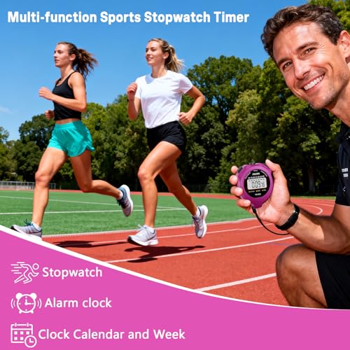 Image of Sports Stopwatch Timer, Single Lap Split Digital Stop Watch for Sports Kids Coaches Swimming Running, Purple