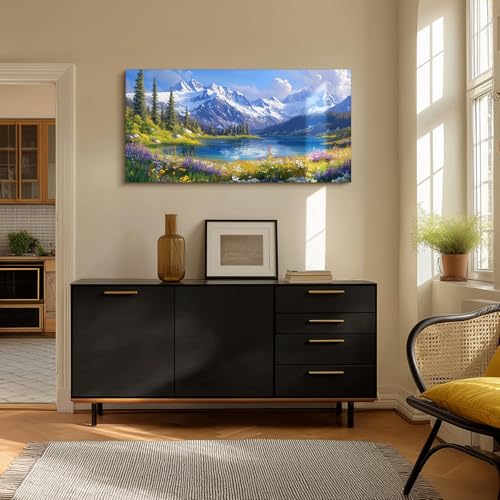 crmotu Mountain Lake Wall Art, Natural Landscape Large Wall Decor, Forest Meadow Wildflower Canvas Prints, Country Charm Pictures for Living Room Bedroom Kitchen, Rustic Farmhouse Decor 24x48 Inch