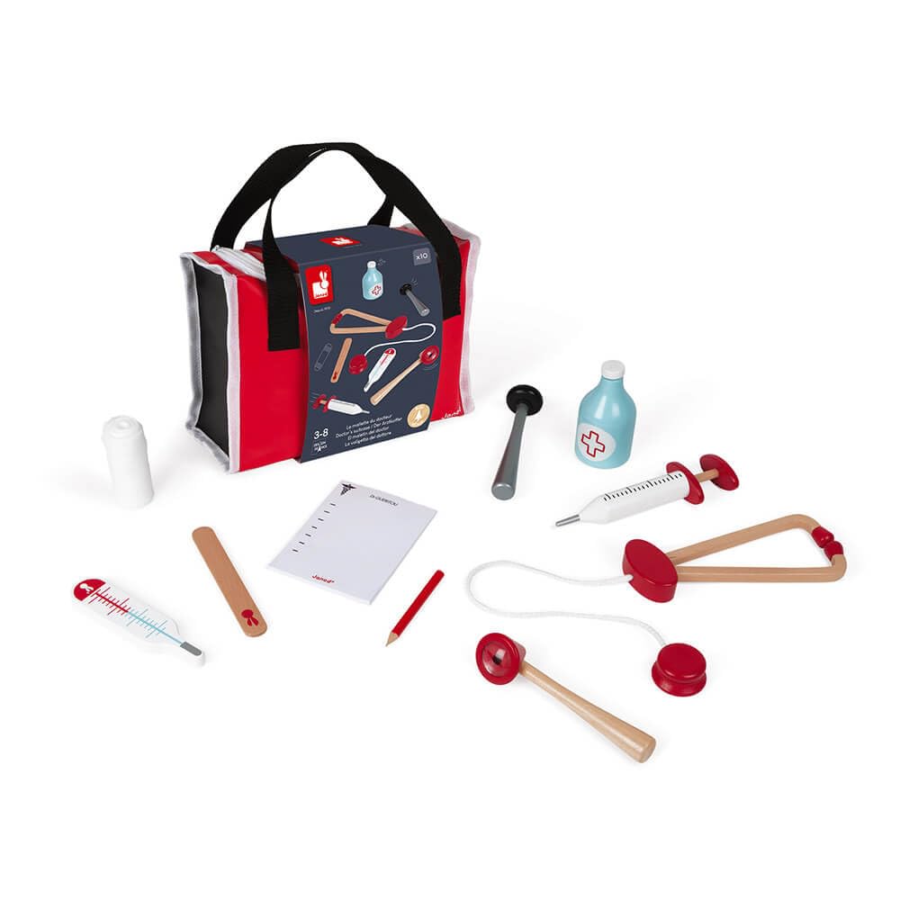 Janod - Maletín de Doctor para Niños - 10 Accesorios de Madera Maciza Incluidos - Juguete de Imitación - Desde 3 Años, J06513, Rojo