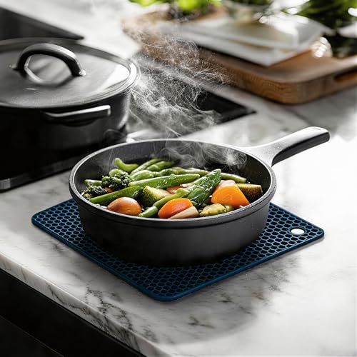Image of Silicone Trivet Mats,Heat Resistant Pot Holders, Multipurpose Non-Slip Hot Pads for Kitchen Potholders, Hot Dishers, Jar Opener, Spoon Holder, Food Grade Silicone(Blue Size Square 7.1''x7.1'')