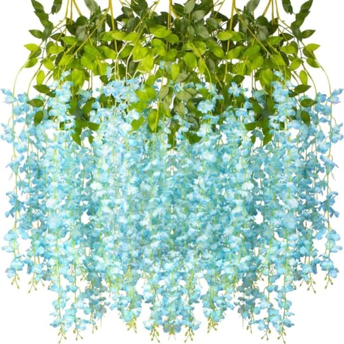 Image of SATYAM KRAFT 6 Pcs (43.2 inch) Artificial Wisteria Vine Garland | Long Silk Hanging Flowers String for Wedding Decoration Items, Mandap, Christmas Party, Festival Event & Home Decor (Sky Blue)