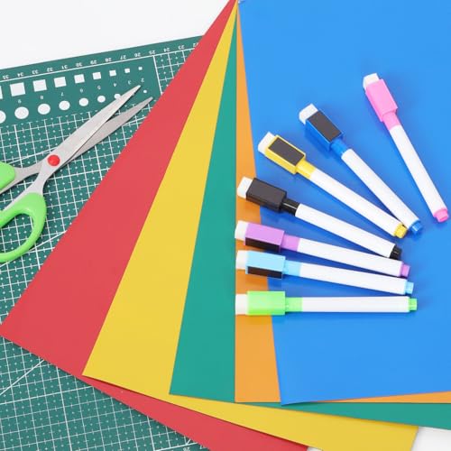 Glarks 16-teiliges flexibles Magnetbogen-Set, A4 x 0,6 mm, inklusive magnetischen Klebebögen in 7 Farben, 1 Schere, 8 magnetische trocken abwischbare Marker mit Radierkappe für Büro, Kalender