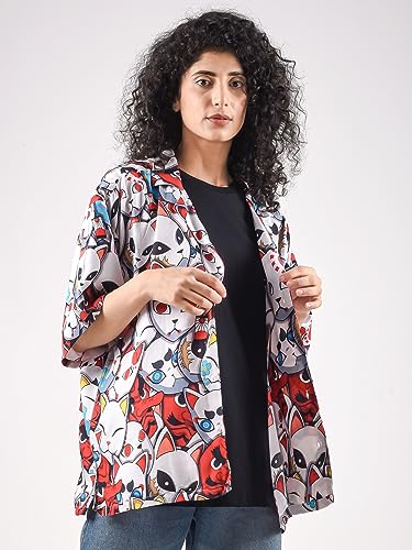 Image of ComicSense.xyz Unisex Anime Shirts for Men and Women, Kitsune Mask Printed Kimono Fit Hawaiian Shirt - XX-Large