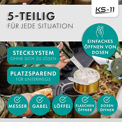 KS-11 2 Stück Outdoor Bundeswehr Besteck Edelstahl Campingbesteck Essbesteck Set 6 teilig Camping Besteckset, grün silber