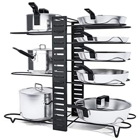 Astoryou Pot Rack Organizer, 8 Tiers Pan Rack Holder Stand Detachable Pot Lid Rack Length Adjustable Shelf Cookware Holders Cabinet Pantry With 3 DIY Methods for Kitchen Counter and Cabinet,Black Cover