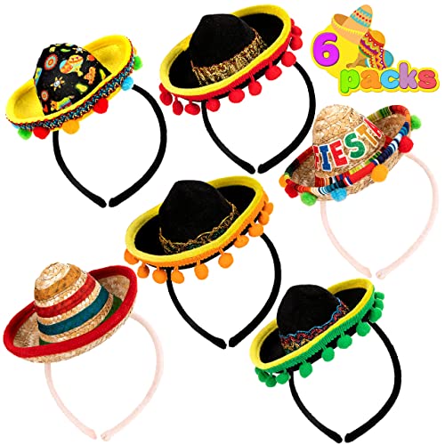 JOYIN 6 PCS Cinco De Mayo Fiesta Fabric and Straw Sombrero Hat Party Costume for Fun Fiesta Headbands Party Supplies, Mexican Theme Decorations, Luau Event Photo Props and Party Favors