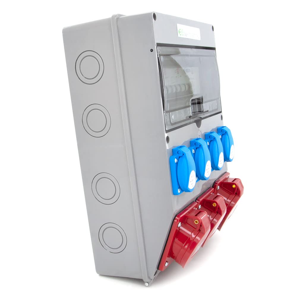 ELS Elektrotechnika Distribuidor de pared con interruptor FI y Schuko 4 x 230 V + 2 interruptores LS, 2 x CEE 16 A, 1 x CEE 32 A, enchufes, asegurado, cableado, listo para conectar para garaje,