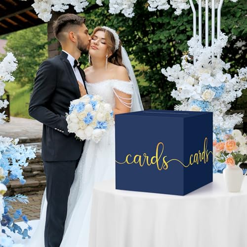 Image of Hooqict Navy Blue Card Box with Slot 9.1 inch Gold Foil Gift Card Box for Party, Graduation, Wedding Reception, Birthday, Retirement, Baby Shower, Raffle Ticket Money Envelope Holder