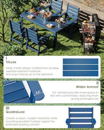 Image of GREENVINES 7-Piece Outdoor Dining Set | HDPE | Patio Table and Chairs Sets for 6 | Patio Furniture | All Weather | Umbrella Hole | Blue| for Backyard Poolside Garden