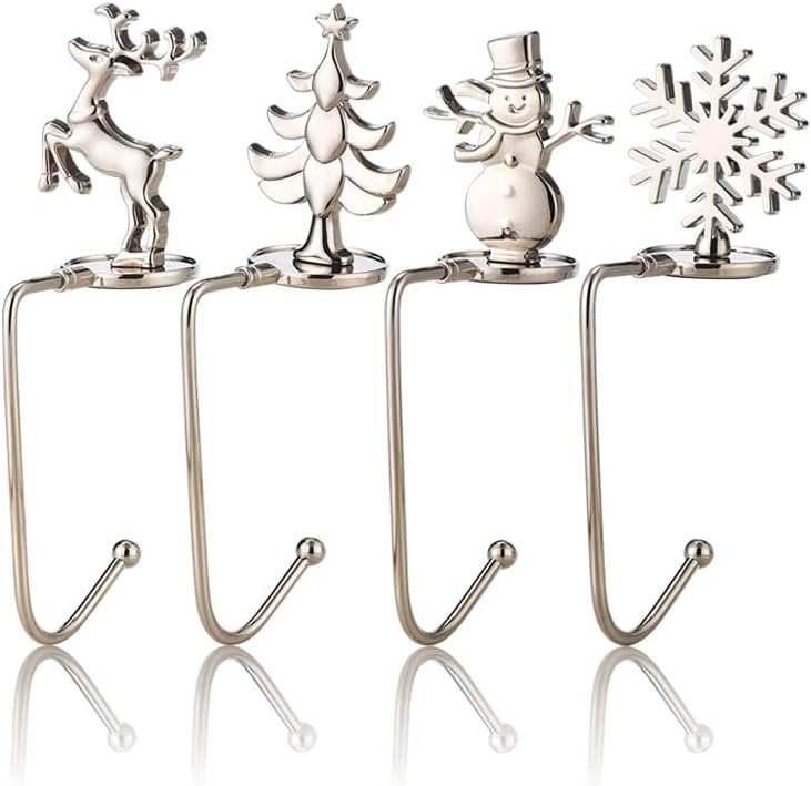 DearSun Paquete de 4 soportes para calcetines de Navidad, colgador de chimenea, para decoración de Navidad (estilo C, 4 unidades, plateado)
