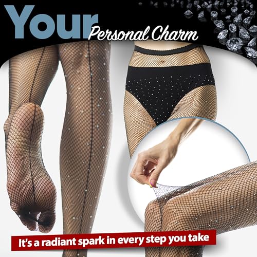 Black Rhinestone Fishnet Tights with Back Seam - Sparkling High Waist Pantyhose - Stylish and Sexy Glitter Stockings for Parties and Events - Seamless, Tear-Proof Design for Ultimate Durability4