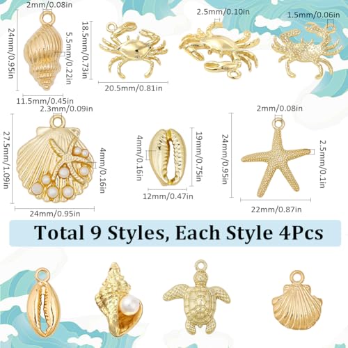 SUNNYCLUE 1 Box 36Pcs 9 Styles Ocean Beach Charms Gold Summer Charm Bulk Metal Alloy Sea Themed Shell Pearl Conch Starfish Tortoise Charm for Jewellery Making Charms Bracelet Necklace Earring Crafts - Image 3