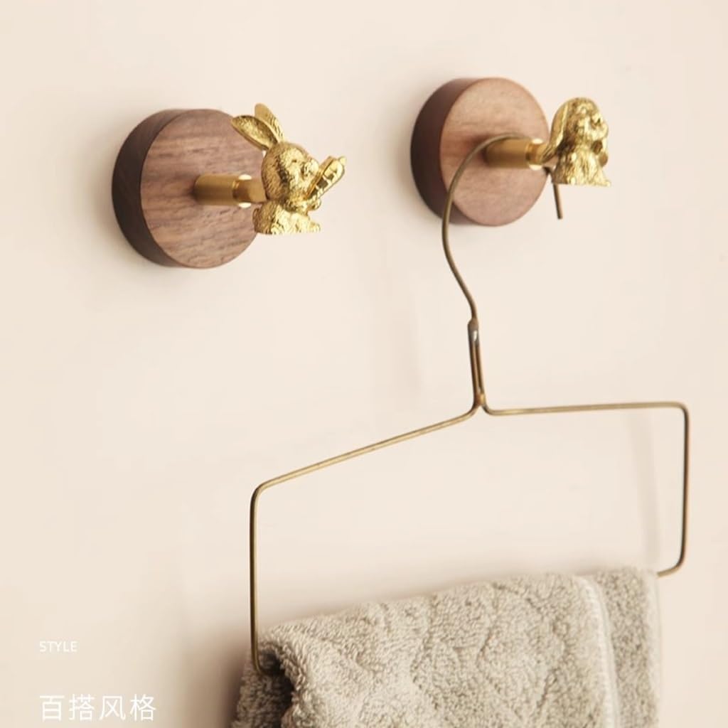 Wall Mounted Curtain Hooks,Brass Curtain Hooks,Decorative Hooks for Wall, Rabbit Brass Hook with Wood Base,Vintage Wall Hooks Coat Hooks for Hanging Coats(5.5 * 5.9 * 5.5cm)