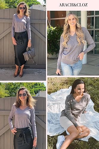 Arach&Cloz Women'S Fall Tops 2024 Fashion Trendy Pullover Sweater V Neck Long Sleeve Shirt Knit Blouse Clothes Outfits Grey thumb #1