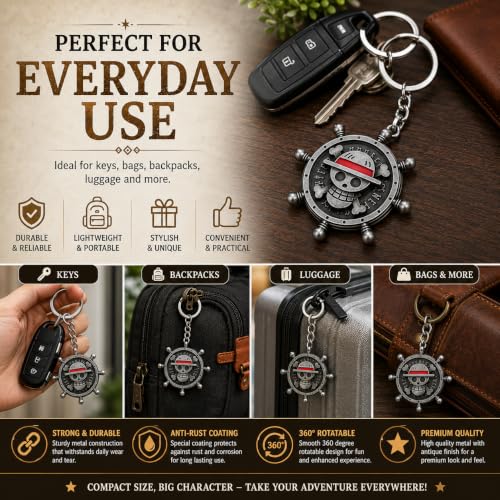 Image of One Piece Anima Manga Pirate Flag Logo Wheel Rotating Heavy Metal Keychain,|Anime Key ring| Perfect Keychain For Anime Lover|car Bikes Gold & Grey Combo pack