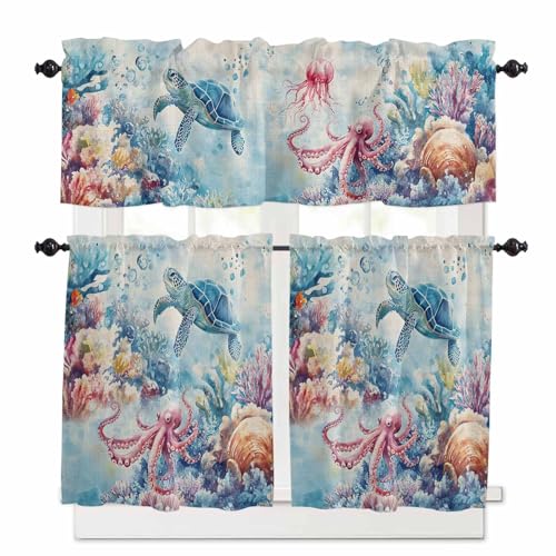 Sea Turtle Octopus Kitchen Curtains 24 Inch Length, 3 Piece Rod Pocket Small Half Tiers and Valance Set, Coastal Coral Summer Ocean Beige Small Large Window Treatment Decor for Bedroom/Bathroom Sink