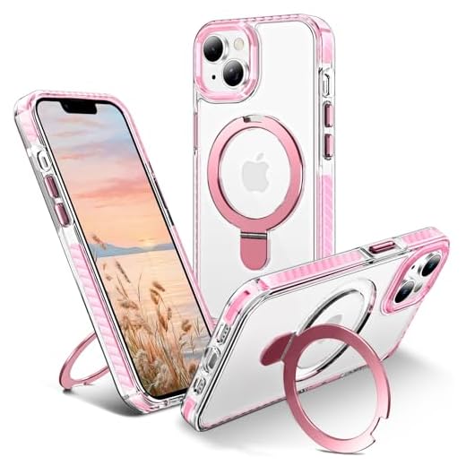 UMIONE for iPhone 13/14 Magnetic case with Stand and Finger Ring, Compatible with magsafe, Shockproof Transparent Hard Plate, Full Body case, Universal for Boys and Girls 6.1 - Pink