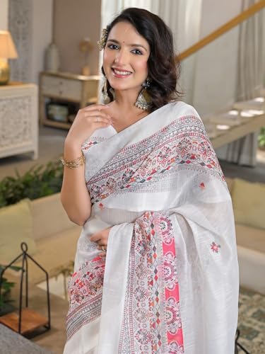 Image of Satrani Women's Linen Printed & Embroidery Ready To Wear Saree with Unstitched Blouse Piece