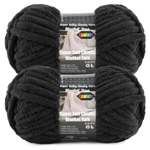 Lpalats Black Super Bulky Chunky Chenille Yarn - 2 Pack of 200g/7oz - 100% Polyester - 76 Yards - Soft Plush Thick Yarn for Knitting Crocheting & Quick Blanket Projects