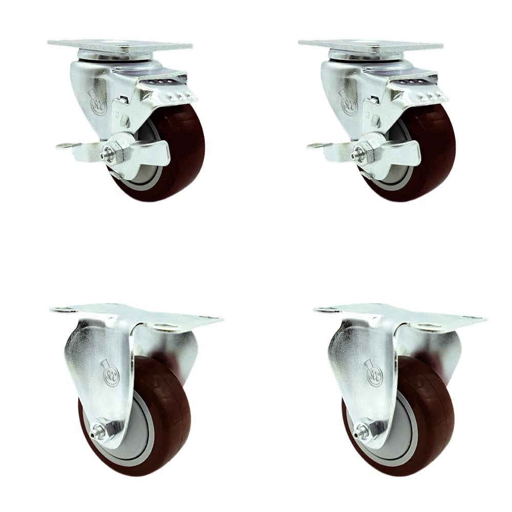 Stainless Steel Polyurethane Swivel Top Plate Caster Set of 4 w/3