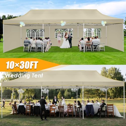 Image of HOTEEL 10x30 Heavy Duty Pop Up Canopy Tent with 5 Sidewalls&Wheeled Bag, Commercial Event Party Tent Wedding Instant Canopy Waterproof, Upgraded Thicked Hexagonal Legs, UV 50+, Khaki